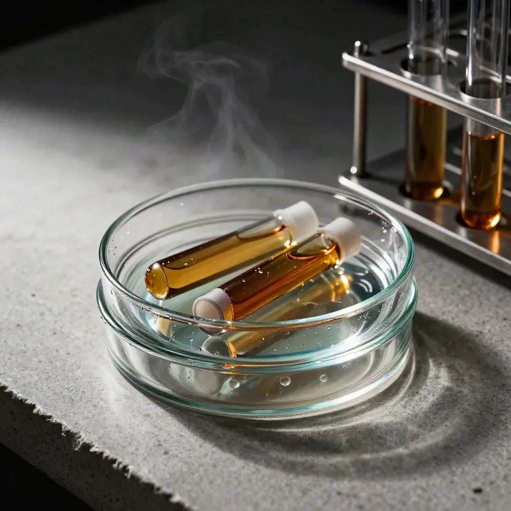 Petri dishes, amber specimen tubes, and a steel lab rack on pale stone under dramatic studio light.