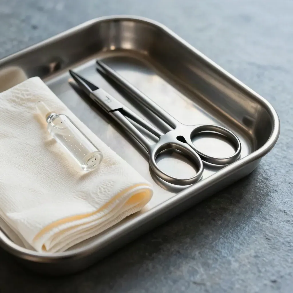 Overhead macro of a surgical tray with gauze, vial and forceps on cool stone.