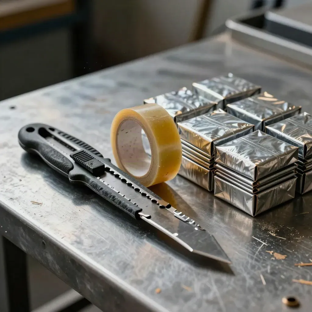 Utility knife, packing tape, and metal weights on a brushed steel bench