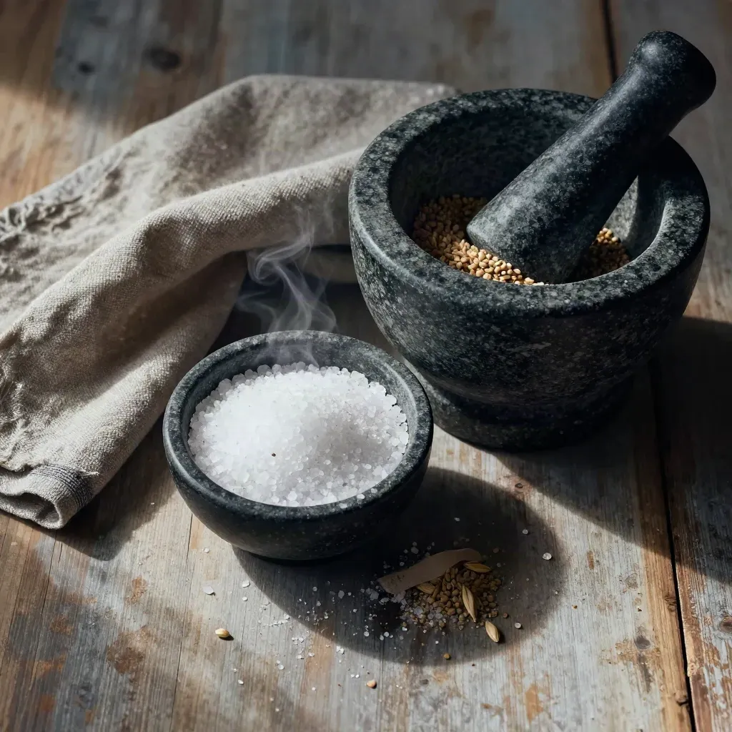 Top-down still life of mortar, salt bowl, pepper mill, and linen on pale wood.