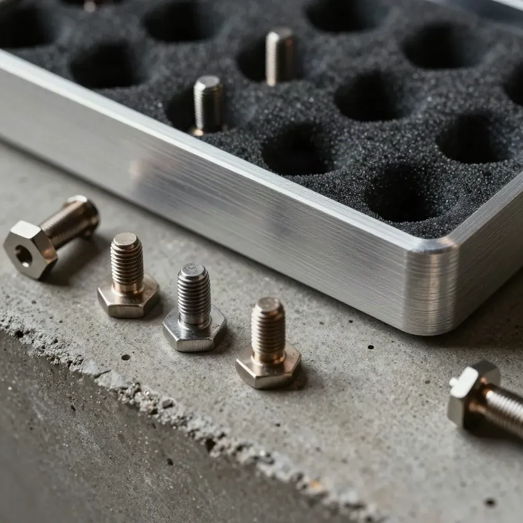Macro still life of machined aluminum prototype parts, fasteners, and bits on concrete.