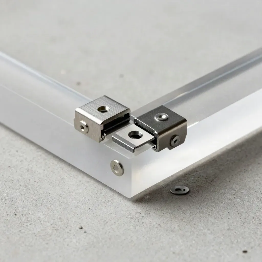 Macro still life of an acrylic frame, alignment clips, and spacer on pale concrete.
