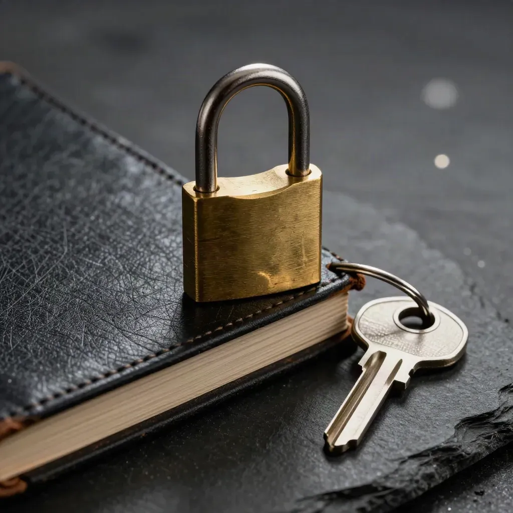 Brass lock cylinder, steel key ring, and leather ledger on dark stone under dramatic studio light
