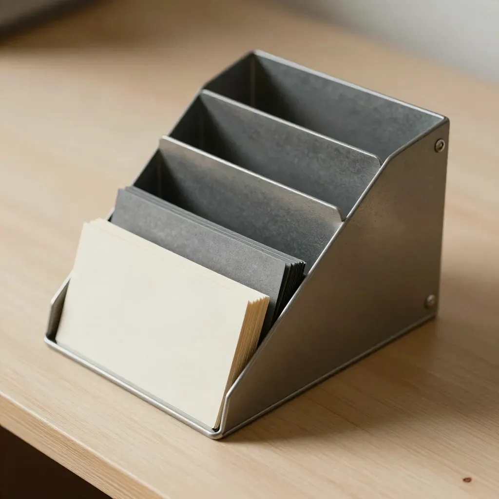 Top-down close-up of a modular filing rail with blank divider tabs and sorted cards on pale wood.