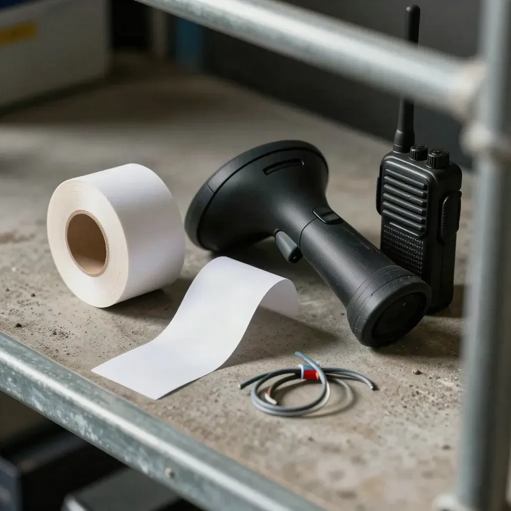 Barcode scanner, label roll, handheld radio and cable ties on concrete, seen through a rack bar.
