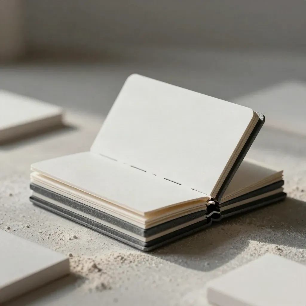 Hinged prototype shell beside foam-core mockup blocks on pale concrete.