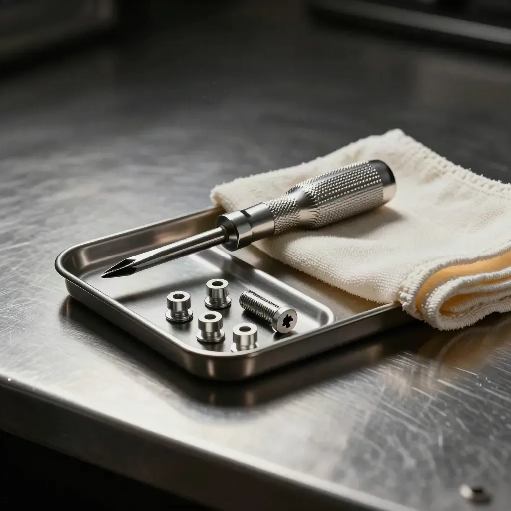 Precision screwdriver, fasteners, and microfiber cloth on brushed metal in dramatic light
