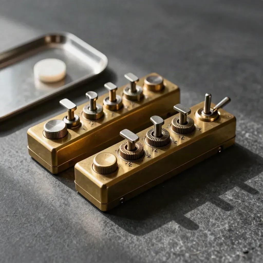 Brass mechanical counters and toggles on dark graphite stone with a small metal tray