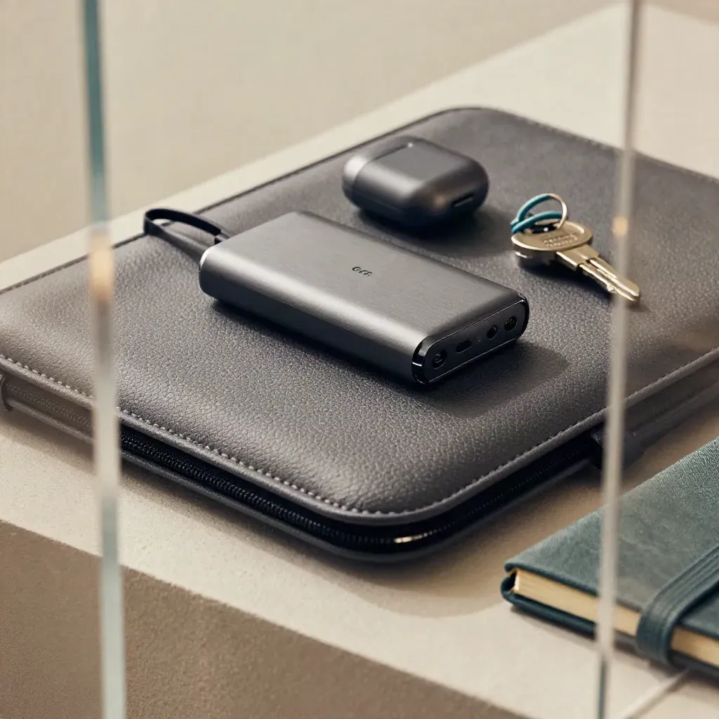Macro still life of a founder kit with sleeve, power bank, earbuds, key and notebook on plaster