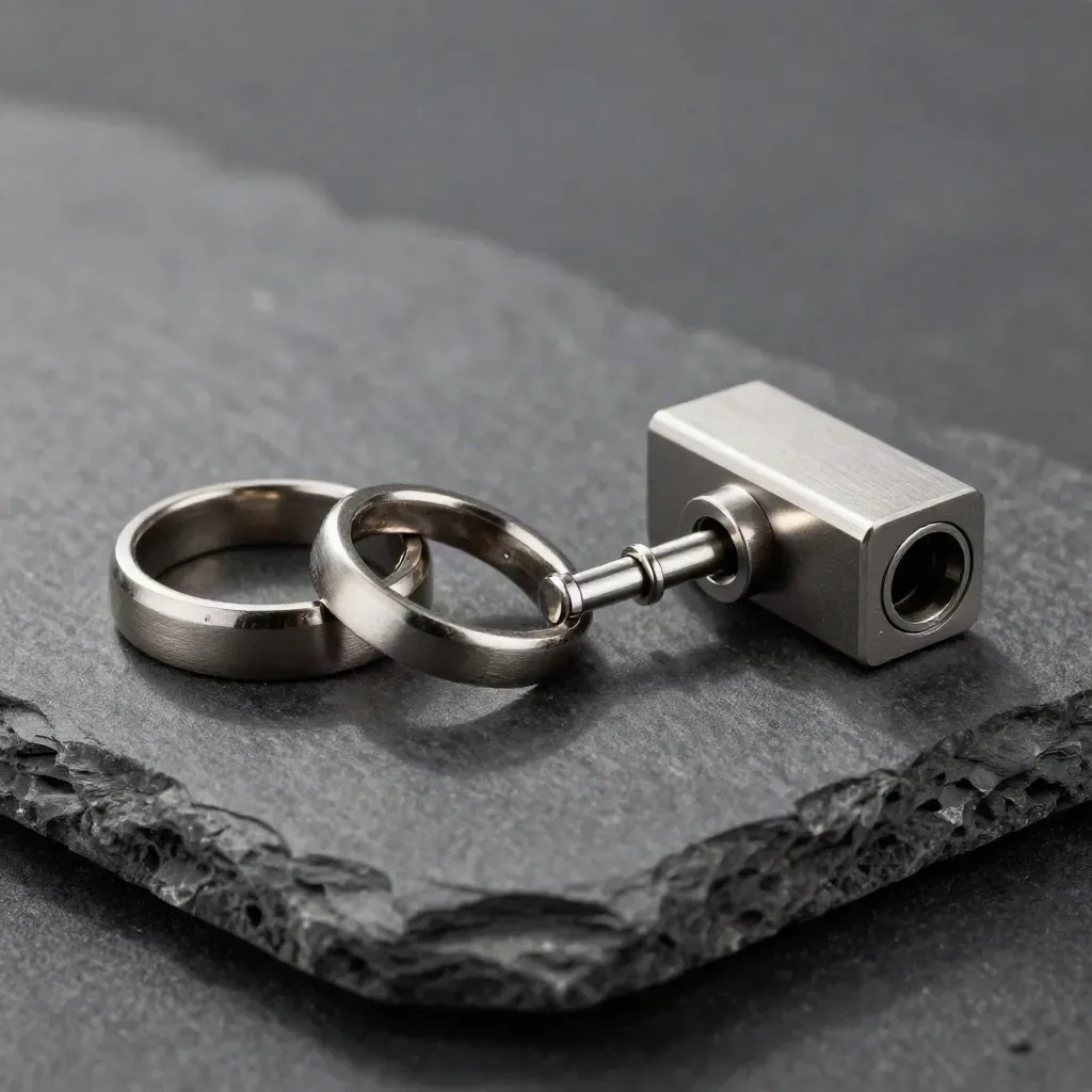 Brushed-metal rings, connector block, and precision pins on graphite stone in dramatic studio light.