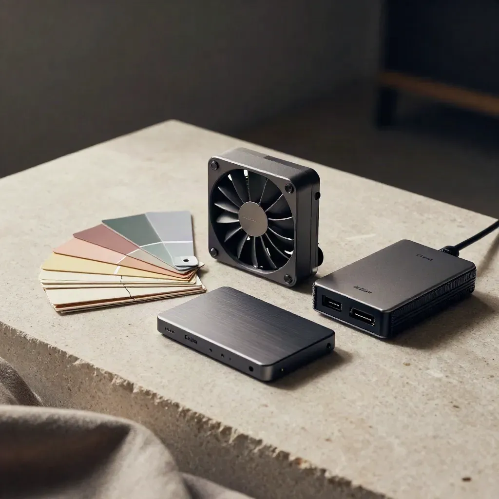 Color swatch deck, SSD, mount clips, and power hub on pale stone in dramatic studio light.