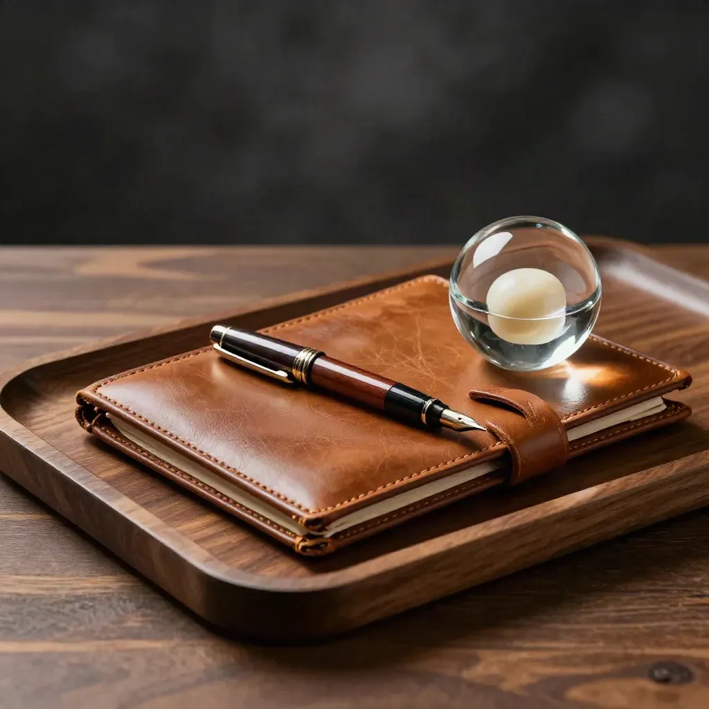 Leather folio, fountain pen, and glass paperweight on a walnut tray in dramatic low light.