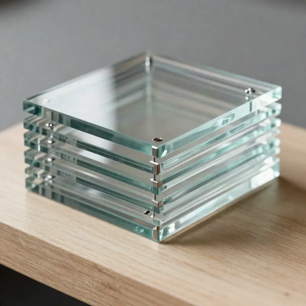 Translucent acrylic squares with pegs and a corner guide on pale wood, lit by soft upper-left light.