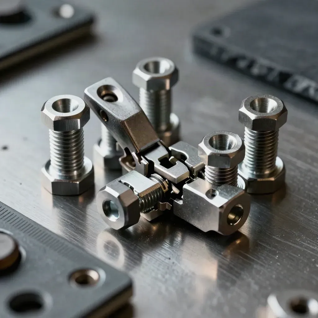 Macro of machined hinge parts and hex bolts locking into a split aluminum block on brushed steel.