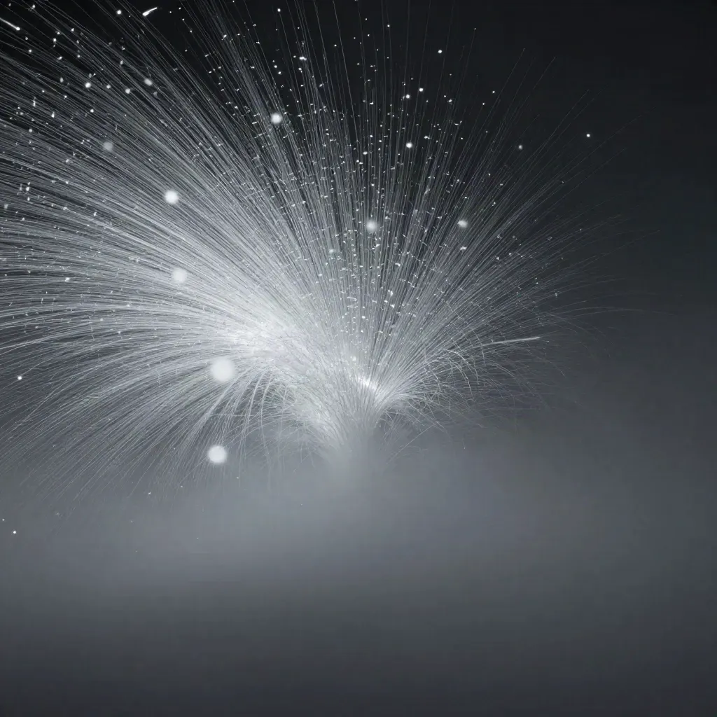 Silver filaments converge into a white bloom in dark graphite mist, with calm copy space below.