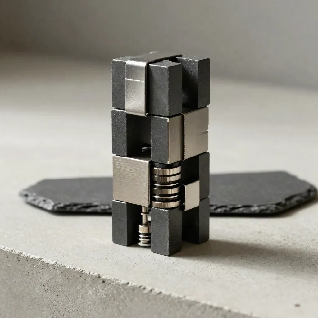 Graphite cubes, magnetic clip and spacers stacked on concrete in soft daylight